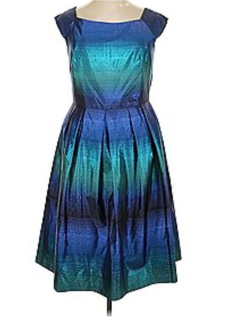 Iridescent Blue-Green Ombre Fit-and-Flare metallic Midi Dress